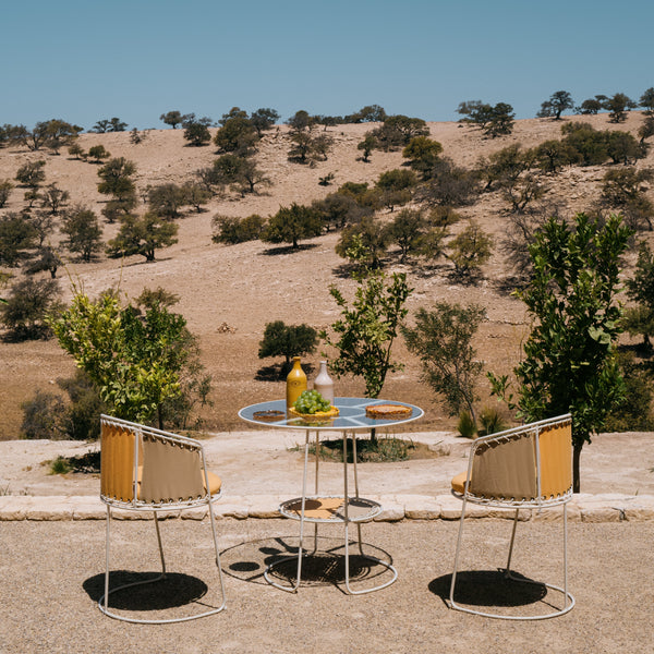 table et chaise extérieur fer ecru jaune tissu palmer essaouira  