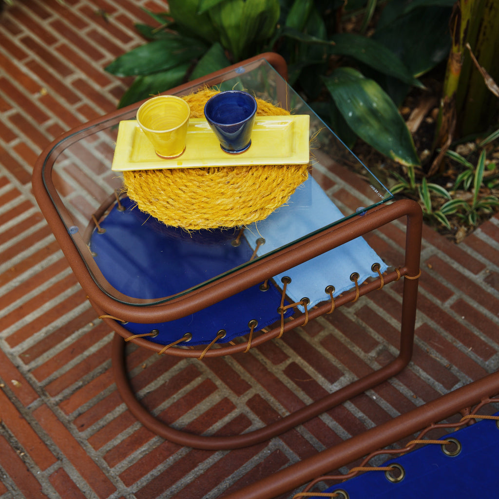 tablette table d'appoint exterieur outdoor bleu marine ciel fer brun verre transat casa honoré